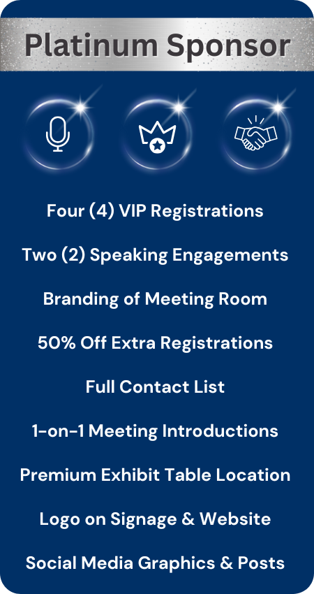 Platinum sponsorship includes four VIP passes, two speaking slots, branded room, full contact list, and premium visibility